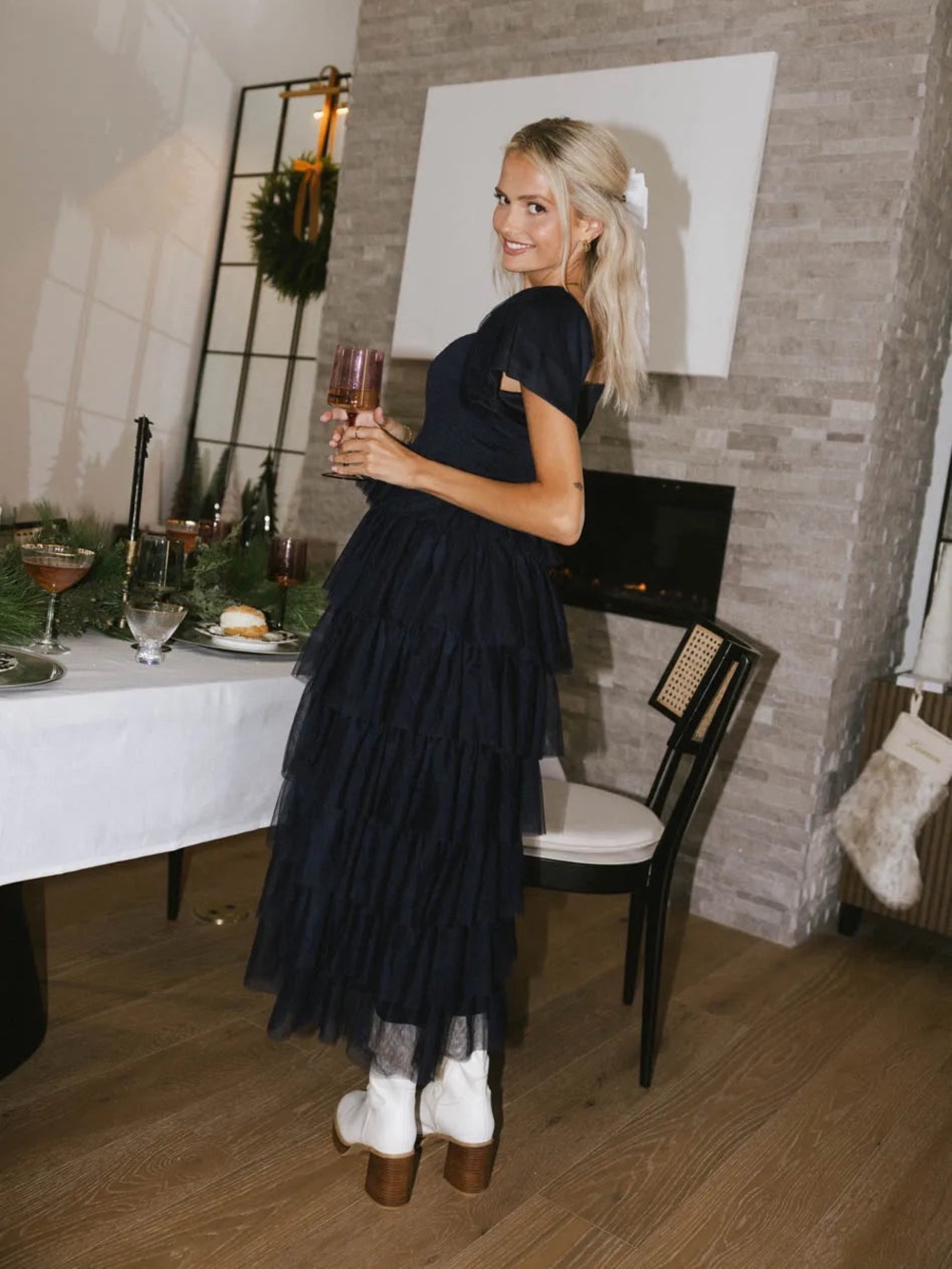 EUC Bohme Navy Mia Ruffled Tulle Smocked Maxi Dress - Picture 4 of 12